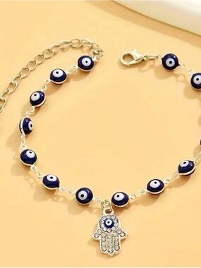 Evil Eye Hamsa Charm Anklet in Navy Blue